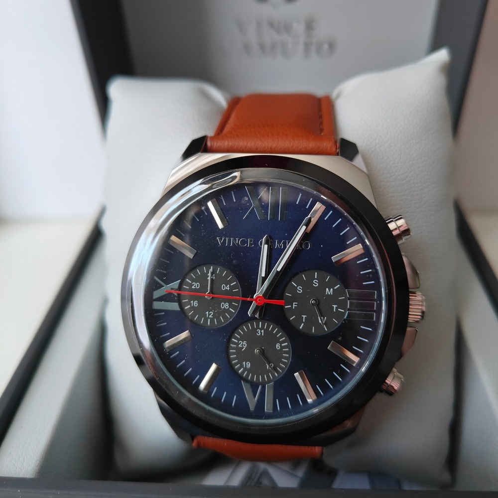 Vince Camuto Men's Chronograph Watch Blue Three Dial Brown Vegan Leather Strap